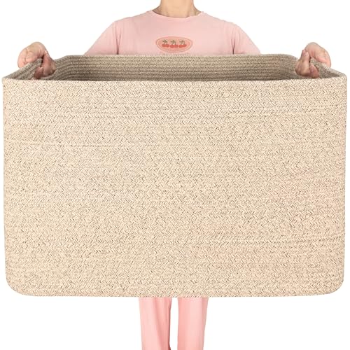 MINTWOOD Design 112L Extra Large Blanket Basket Holder Living Room, 25"x17"x16" Rectangle Rope Woven Storage Basket with Handles for Laundry, Towels, Shoes, Dog Toy Organizer Bin Box, Oatmeal Brown - color: Oatmeal Brown