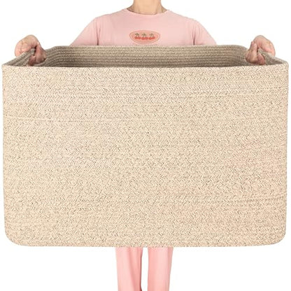 MINTWOOD Design 112L Extra Large Blanket Basket Holder Living Room, 25"x17"x16" Rectangle Rope Woven Storage Basket with Handles for Laundry, Towels, Shoes, Dog Toy Organizer Bin Box, Oatmeal Brown - color: Oatmeal Brown