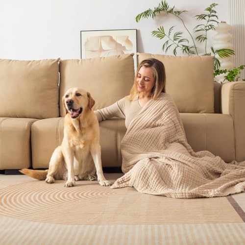 CottCare Cotton Throw Blanket,Large Size 59"x70",Gifts for Women,100% 6 Layer Muslin for Couch Breathable Gauze,All Season Soft and Lightweight Pre-Washed (Light Tan)