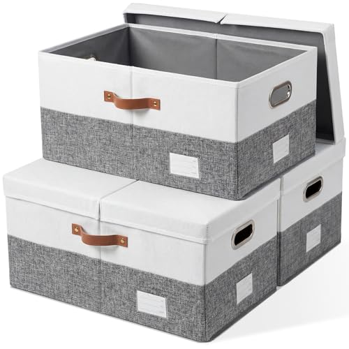 PRANDOM Storage Bins with Lids [3-Pack] Linen Fabric Foldable Storage Boxes Organizer Containers Baskets Cube with Cover for Bedroom Closet Office Grey&White (23.4X15.9X11.4) - color: Grey & White, size: XL(3-Pack)