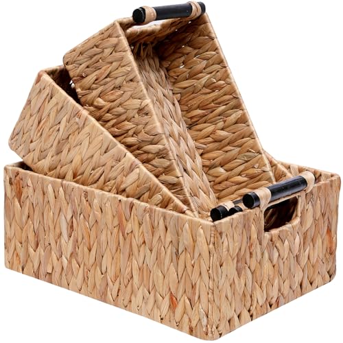 Storage Baskets 3 Pack Storage Baskets for Organizing Toys,Handwoven Storage Bins for Nursery,Natural Water Hyacinth Baskets for Organizing with Wooden Handles