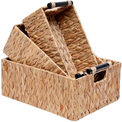 Storage Baskets 3 Pack Storage Baskets for Organizing Toys,Handwoven Storage Bins for Nursery,Natural Water Hyacinth Baskets for Organizing with Wooden Handles