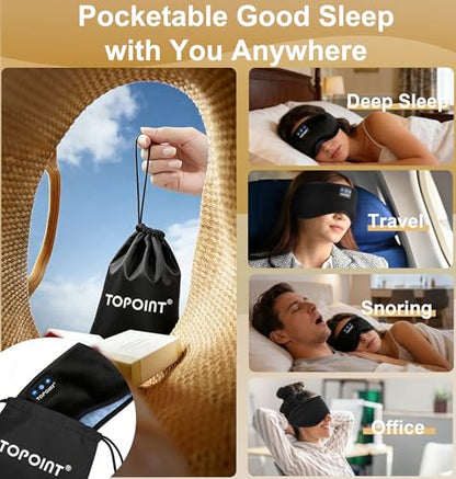 TOPOINT Sleep Mask with Headphones Bluetooth 5.4 Wireless, Sleep Headphones Earphones Earbuds with Microphone HD Speakers Music, Blackout Eye Mask for Sleeping Travel Meditation Men Women Cool Gadgets - color: Black, style: Ample Velvet