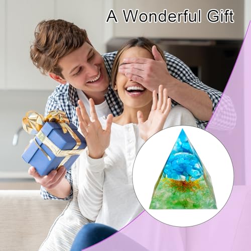 Tree of Life Orgone Pyramid,Natural Green Strawberry&Apatite Orgonite Healing Crystals Pyramid,Crystal Stone Positive Reiki Energy Generator Collection Wealth Lucky Meditation Tool(6cm) - color: Blue Green
