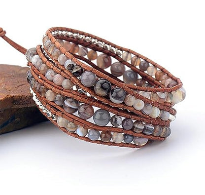 Boho Wrap Bead Bracelet for Women - Handmade Adjustable Natural Stone Beaded Bracelets Yoga Healing Bracelet Bangle Hippie Jewelry - color: Natural Stone