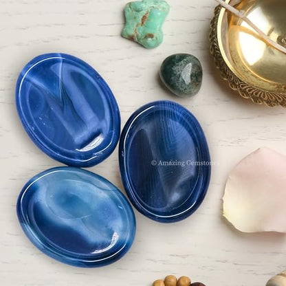 Amazing Gemstone Alma Blue Agate Worry Stone, Healing Crystals - Piedra Crystal Fidget for Gift, Meditation, Calming, Relaxation, Stress Relief - color: Blue Agate