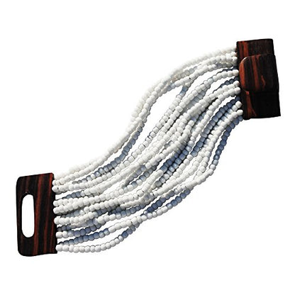 White Beaded Ethnic Bali Bracelet with Hard Wood Buckle Clasp - 14 Elastic Strands of 2mm Glass Beads – 2” Wide for 7-8 inch Wrists in Gift Box