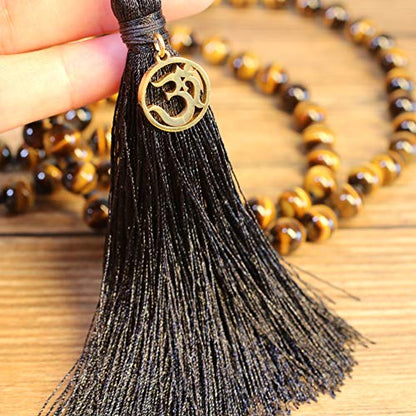 COAI OM Charm Hand Knotted Tassel 108 Mala Beads Necklace - color: Tiger eye, size: 8mm