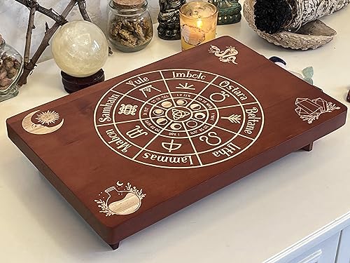 Altar Table, Meditation Table, Small Altar Table, Wooden Witch Altar, Wiccan Alter Table, Buddhist Shrine, Engraved Wheel of The Year on Table Top, 12 × 8 inches - color: Wheel of the Year