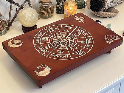 Altar Table, Meditation Table, Small Altar Table, Wooden Witch Altar, Wiccan Alter Table, Buddhist Shrine, Engraved Wheel of The Year on Table Top, 12 × 8 inches - color: Wheel of the Year
