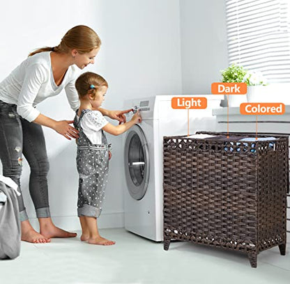 Laundry Hamper with 3 Removable Liner Bags; 132L Handwoven Rattan Laundry Basket with Lid & Heightened Feet; Clothes Hamper with Side Handles; Laundry Sorter with 3 Separate Sections