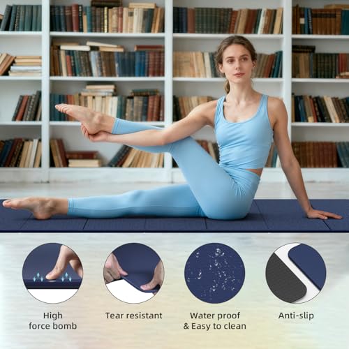 Foldable Yoga Mat Thick 10mm-WUWAN Extra Large Exercise Mat, TPE Material, Non-Slip Fitness Folding Mat Easy to Carry, Suitable for Home Workout Travel Pilates (75" x40",2/5") (Blue) - color: Dark Blue