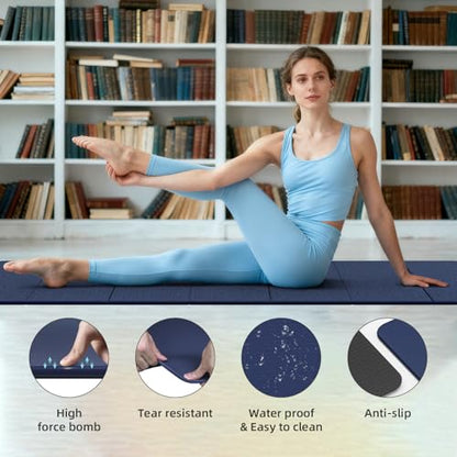 Foldable Yoga Mat Thick 10mm-WUWAN Extra Large Exercise Mat, TPE Material, Non-Slip Fitness Folding Mat Easy to Carry, Suitable for Home Workout Travel Pilates (75" x40",2/5") (Blue) - color: Dark Blue