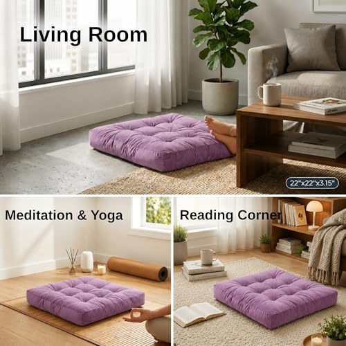 Meditation Cushion Set of 2, Floor Cushions for Adults, Velvet Floor Pillows for Sitting, Tufted Seat Cushions for Yoga, Living Room, Bedroom & Reading Nook, Machine Washable, 22 x 22 Inch, Lavender