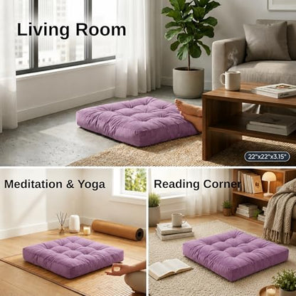 Meditation Cushion Set of 2, Floor Cushions for Adults, Velvet Floor Pillows for Sitting, Tufted Seat Cushions for Yoga, Living Room, Bedroom & Reading Nook, Machine Washable, 22 x 22 Inch, Lavender