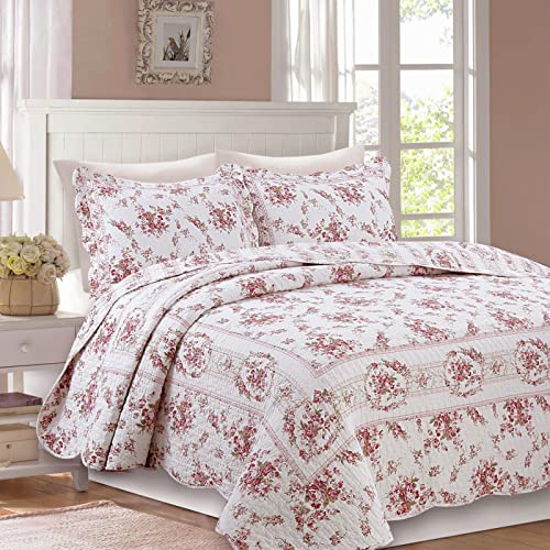 Cozy Line Home Fashions 100% Cotton Quilt Bedding Set, Pink Floral Reversible Coverlet Bedspread (Vintage Rose, Twin - 2 Piece) - color: Vintage Rose, size: Twin