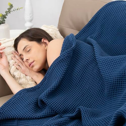 Throw Blanket for Couch, 100% Cotton Soft Lightweight Breathable Summer Blanket Throws, Waffle Weave Throw Size Bed Blanket: Blue (50"x60") - color: Blue, size: Throw (50" x 60")