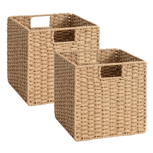 StorageWorks 11 inch Wicker Baskets, Handwoven Storage Cubes with Handles, Foldable Paper Rope Basket for Organizing, Natural, 2 Pack - color: Natural, size: 11"L x 11"W x 11"H