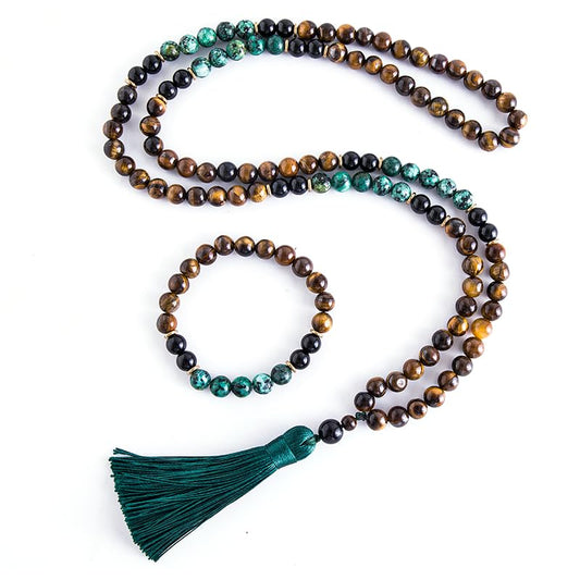 108 Mala Prayer Beads Necklace 8mm Natural Stones Meditation Yoga Jewelry Sets 108 Hand Made Japa Mala Beaded Long Tassel Necklace with Tassel Pendant for Men and Women - color: Tiger Eye+Black Onyx+African turquoise