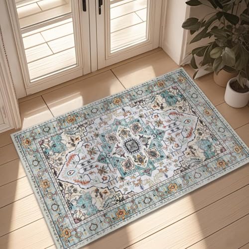 WILLSUN Washable Area Rugs, 2x3 Non-Slip Boho Small Area Rugs for Entryway, Kitchen, Bathroom, Machine Washable Vintage Rug, Indoor Floral Print Carpet for Home Decor, Kid & Pet Friendly Mat - color: Beige/Light Blue, size: 2' x 3' (Rectangular)