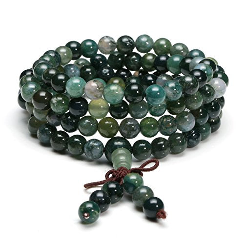 Jovivi 108 Mala Beads Bracelet 6mm 8mm Natural Indian Agate/Green Moss Agate Gemstone Healing Crystal Stone Beaded Bracelet Hand Knotted Prayer Mala Beads Necklace for Yoga Meditation Balance - color: 6mm - Moss Agate