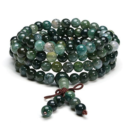 Jovivi 108 Mala Beads Bracelet 6mm 8mm Natural Indian Agate/Green Moss Agate Gemstone Healing Crystal Stone Beaded Bracelet Hand Knotted Prayer Mala Beads Necklace for Yoga Meditation Balance - color: 6mm - Moss Agate