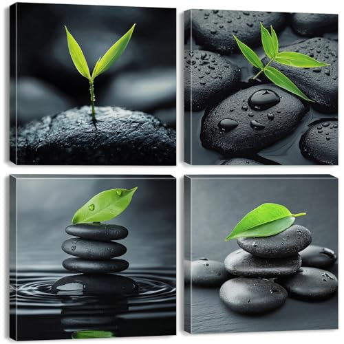 Zen Bathroom Wall Art Stone Green Leaves Black and White Wall Decor Bedroom Yoga Spa Photo Set of 4,Plant Still Life Nature Poster Picture Contemporary Office Relaxing Lounge Restroom Home Decorations - color: Zen, size: 20"L x 20"W