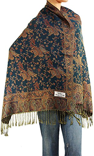 Falari Women's Reversible Paisley Pashmina Shawl Wrap Scarf For Evening Dresses Festivals Any Occasions All Seasons 80"x27" - color: Style 1 - Cyan