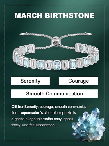 Birthstone Bracelets for Women, Sterling Silver Tennis Bracelets Emerald Cut Bezel Set with Adjustable Chain, Elegant Anniversary, Birthday or Valentine's Day Gift - color: 03-Mar-Aquamarine