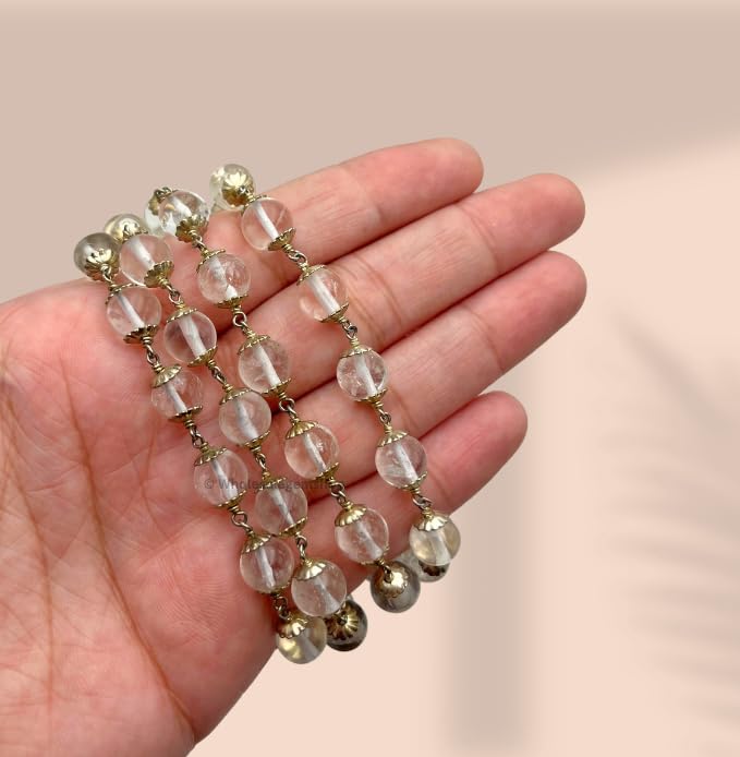 GEMSCITE Clear Quartz Crystal Prayer Mala Necklace, 55 Beads, 8mm, 30 inch, Copper Flower Cap Design