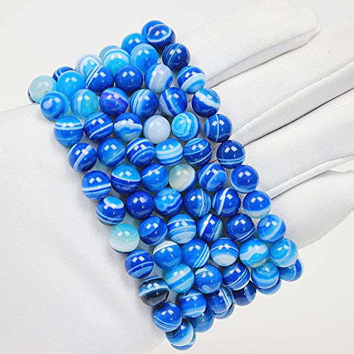 MJDCB Featured Men Women 8mm Beads Bracelet Elastic Natural Stone Yoga Bracelet Bangle 6.7" - color: Blue Striped Agate