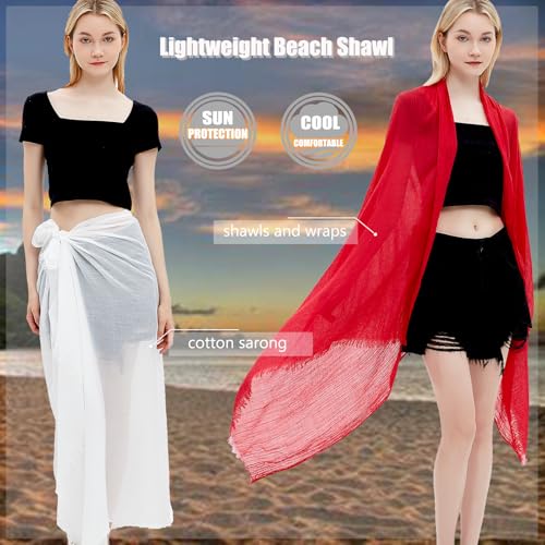 Women Summer Scarfs Lightweight Large Long Gauze Shawl Linen Beach Wrap Plain 75”×43” - color: Red