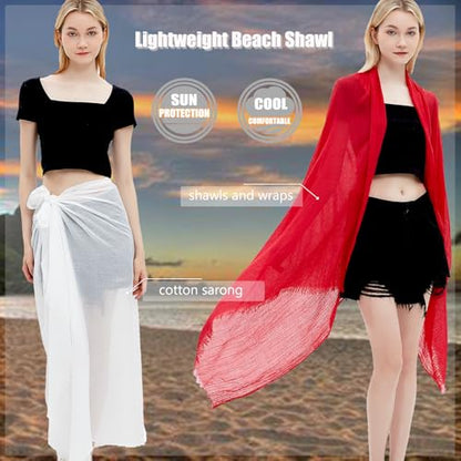 Women Summer Scarfs Lightweight Large Long Gauze Shawl Linen Beach Wrap Plain 75”×43” - color: Red