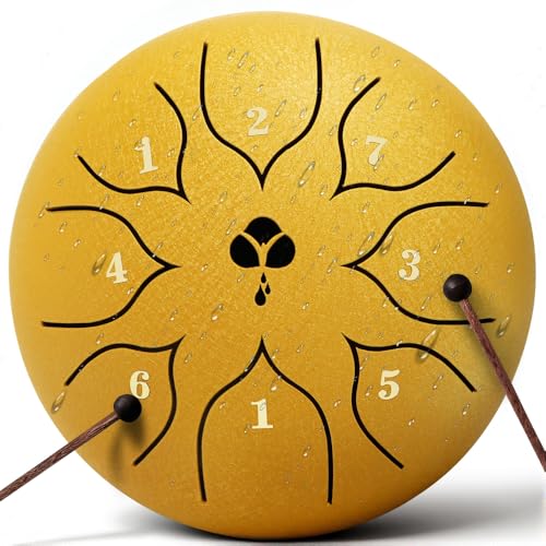 Steel Tongue Drum, 6 Inch 8-Note C Tone, Rain Drum for Meditation, Yoga & Mindfulness, Ideal Gift for Music Lovers(Yellow, 6 Inch 8 Note) - color: Yellow, size: 6 Inch 8 Note