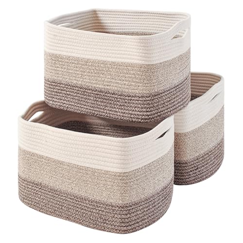 ICERZCZ Storage Baskets for Organizing Shelves, Woven Cotton Rope Bins for Baby Nursery Organization, Book Toy Towel Organizer, 15"x11"x9.5", 3 Packs, Gradient Brown - color: Gradient Brown, size: 15"(l)×11"(w)×9.5"(h)