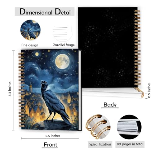 XUNLURY Starry Night Crow Notebook, Dark Academia Gothic Journal, Mystical Celestial Witchy Journal, Whimsical Moon Star Sky Raven Hardcover Spiral Notebooks, 5.5x8.3 Inch - color: Color_12