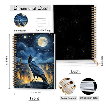 XUNLURY Starry Night Crow Notebook, Dark Academia Gothic Journal, Mystical Celestial Witchy Journal, Whimsical Moon Star Sky Raven Hardcover Spiral Notebooks, 5.5x8.3 Inch - color: Color_12