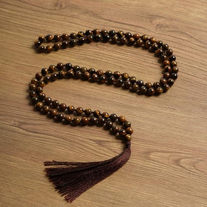 108 Mala Beads Necklace, 8mm Natural Tiger Eye Gemstone Prayer Beads for Meditation, Yoga, Japa, Mindfulness, Unisex