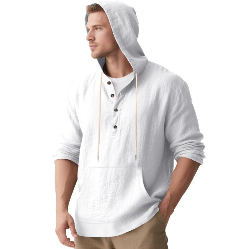 Men's Linen Hoodie Lightweight Hawaiian Shirt Casual Beach Shirt with Pockets - color: White