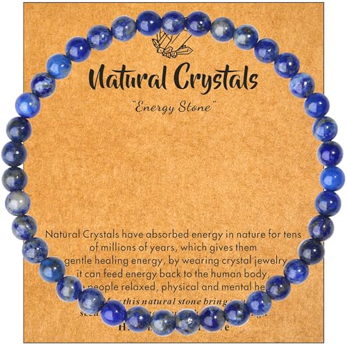 MAIBAOTA Healing Crystal Bracelet for Women Men, 8/4 mm Natural Stone Beaded Bracelets, Jewelry Birthday Gifts, Round Gemstones Stretch Bracelets - color: Blue-Lapis Lazuli, size: 4 mm