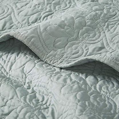 Madison Park Throw Blanket - Reversible Damask Quilting Design, Soft Pre-washed Microfiber, Cotton Filled Spread, Cozy Summer Blanket - Throw for Living Room Couch, Sofa, Bed, Quebec, 60x70", Seafoam - color: Seafoam, size: 60"x70"