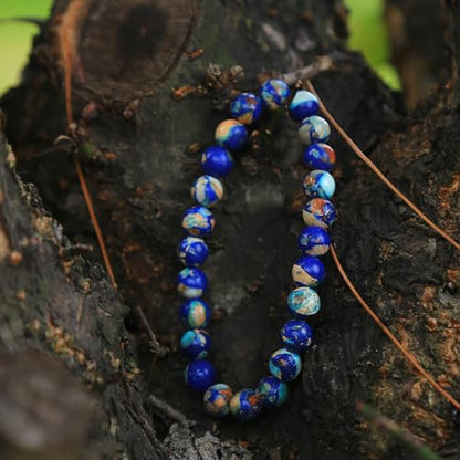 Handmade Natural Imperial Jasper Gem Semi Precious Gemstone 8mm Round Beads Stretch Bracelet 7" Unisex - color: Blue