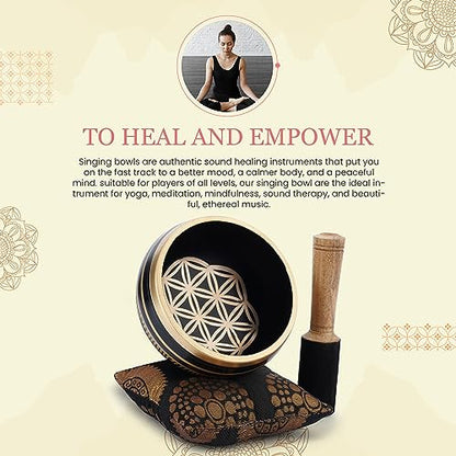 Ajuny Tibetan Singing Bowl Set - Handcrafted Meditation Brass Sound Bowl with Stick and Cushion for Yoga, Chakra Healing, Mindfulness and Stress Relief Spiritual Gifts - Gold Black
