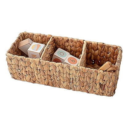 3-Section Wicker Baskets Storage Bin, Water Hyacinth Storage Basket, Handwoven Desk Organizer, Toilet Paper Container, Rectangle Holder for Counter Top Toilet