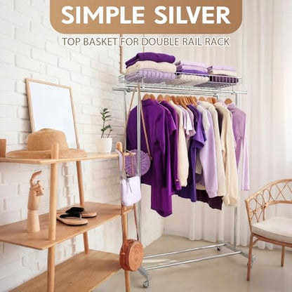 Double Rods Clothes Rack Organizer, Basket Expand Storage, Double Rod Metal Rack for Clothes, Towels Space Saving Closet Storage for Laundry, Retail Store 52.4" L x 22.4" w x 3" h