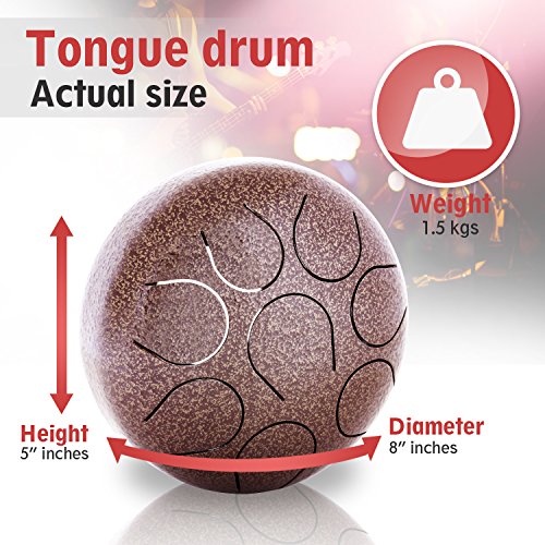 Pyle Steel Handpan Mini Tongue Drum - 8 Inch Hanging Intuitive Musical Instrument for Hand Percussion Beat - Meditating & Calming Music Includes Mallet Stick Rubber Ball on The Head & Bag Set - color: Light brown