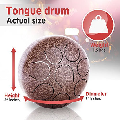 Pyle Steel Handpan Mini Tongue Drum - 8 Inch Hanging Intuitive Musical Instrument for Hand Percussion Beat - Meditating & Calming Music Includes Mallet Stick Rubber Ball on The Head & Bag Set - color: Light brown