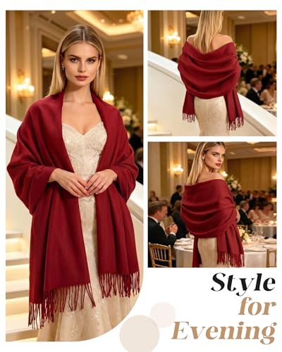 Winter Scarf for Women Pashmina Shawls and Wraps for Evening Dresses Wedding Party Bridesmaid Warm Long Scarves Shawl - color: Wine Red