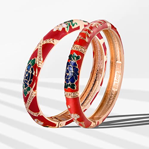 UJOY Classic Cloisonne Bracelets Enamel Jewelry Plated Bamboo Flower Cuff Metal Bangle for Women Gift Box - color: A127-Flower-Red