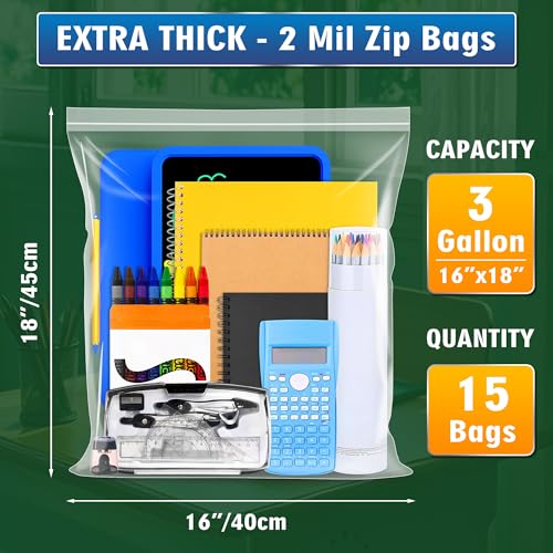 Large 3 Gallon Zippered Plastic Bags for Storage- 16'' x 18'', Ideal for Clothes Clothing, Travel, Moving, 2-mil Thick Clear Plastic, 15 pack - size: 3 gal-15 pack